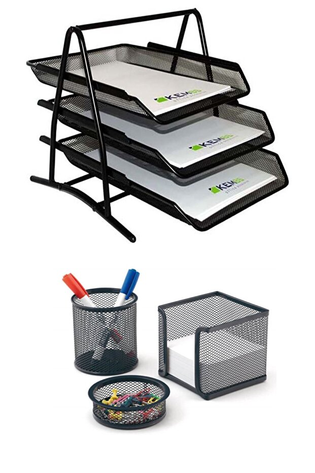 A4 Document Shelf Metal Triple Perforated Set of 3 (pen holder, paper holder)
