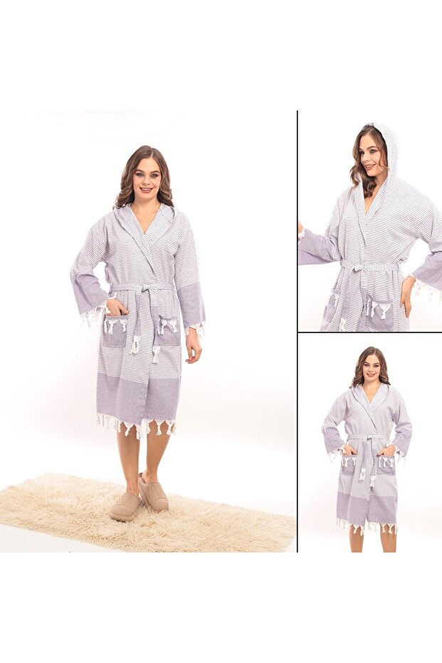 Hürrem Tasseled Hooded Bath Sauna Pool Beach Women Men Unisex Cotton Loincloth Bathrobe with Pockets