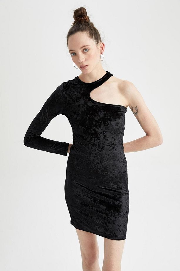 Bodycon Tek Omuzlu Velur Uzun Kollu Mini Elbise Z8563az22wn - 6