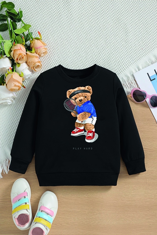New Season Tennis Player Teddy Bear Printed Oversize Hooded Kids Sweatshirt 14611