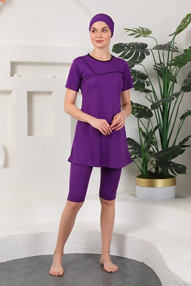 Black Trim Semi-Closed Hijab Swimsuit Purple Color