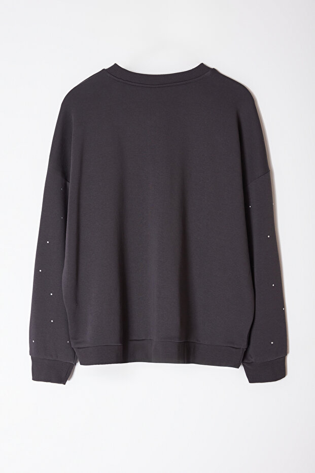 Antrasit Kalın Taşlı Detaylı Örme Büyük Beden Sweatshirt TBBAW24SW00000 - 7