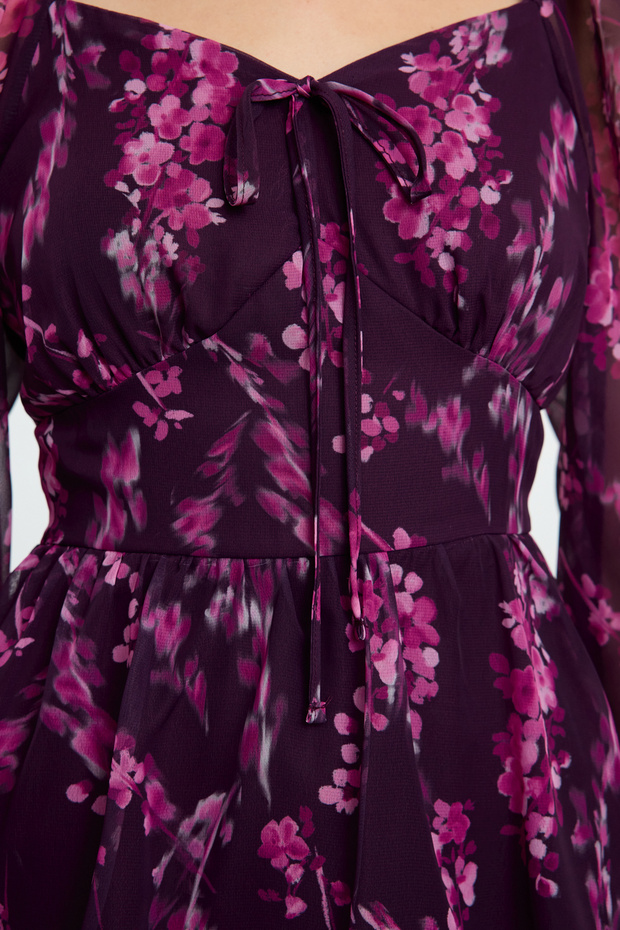 Mürdüm Çiçekli Fırfırlı Boho Mini Dokuma Elbise TWOAW23EL01455 - 4