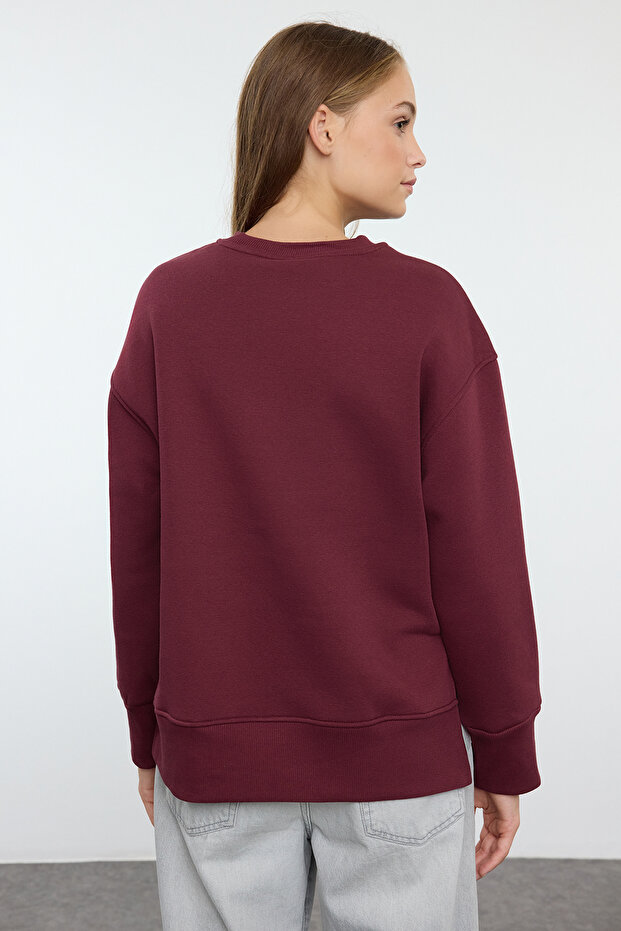 Bordo Kalın İçi Polarlı Bisiklet Yaka Regular/Normal Kalıp Basic Örme Sweatshirt TWOAW25SW00169 - 6
