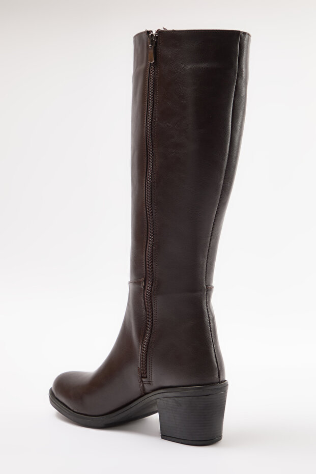 Ciemnobrązowe, zapinane na zamek, okrągłe, damskie buty na obcasie blokowym TAKAW25CZ00004 - 7