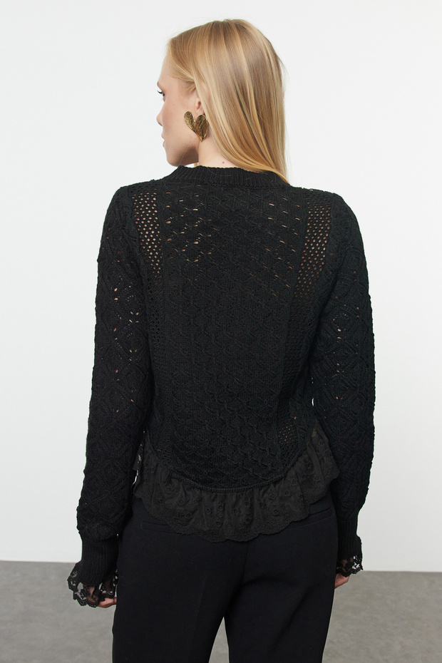 Siyah Crop Dantel Garnili Ajurlu/Delikli Triko Hırka TWOAW24KZ01059 - 5