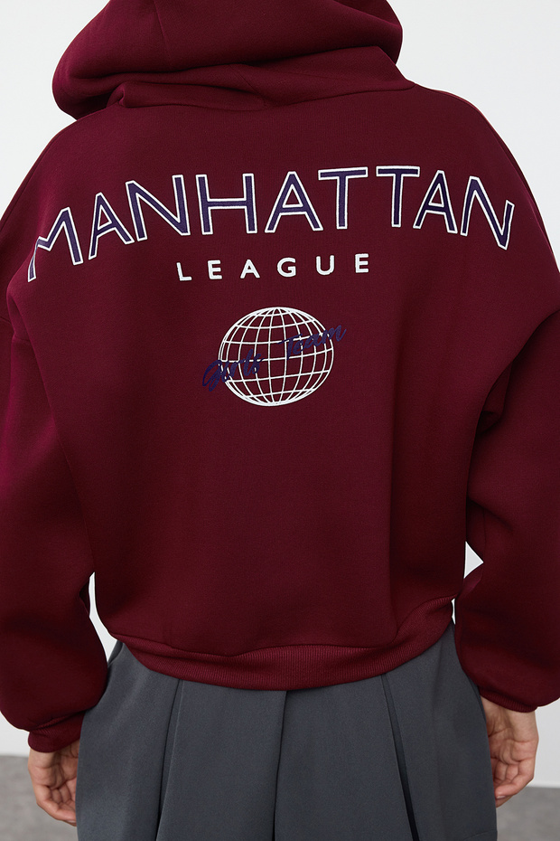 Claret Red Knitted Sweatshirt - Hooded, Fleece with Back Print Detail Twoaw22sw0711 - 4