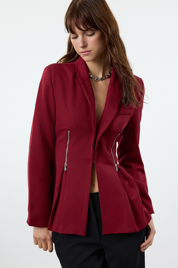 Bordo Fermuar Detaylı Dokuma Blazer Ceket TWOAW25BC00010 - 4