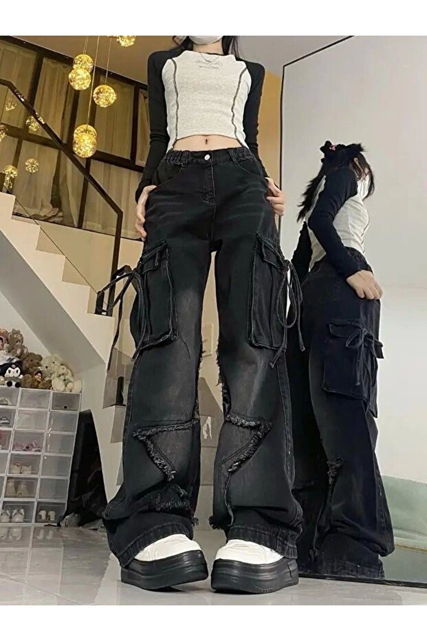 Y2k Cargo Pocket Star Live Washed Baggy Jeans
