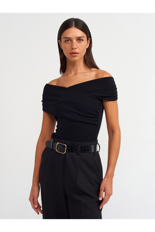 20828 Off-shoulder Drawstring Bodysuit-Black