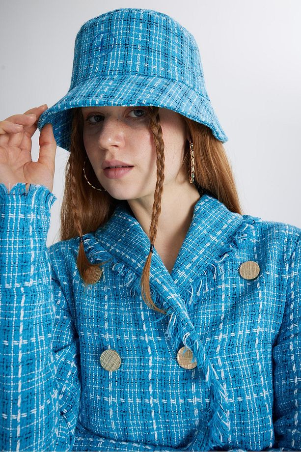 Tüvit Kumaş Logolu Bucket Tweed Şapka Mavi - 1
