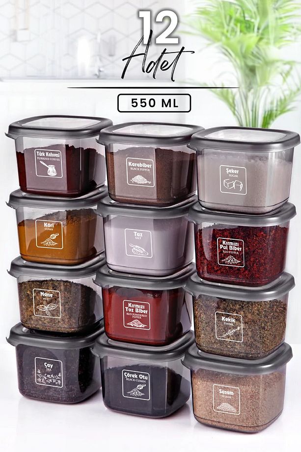 12 Adet Baharatlık Kabı Seti 550 ml Etiketli Kavanoz Seti - 1
