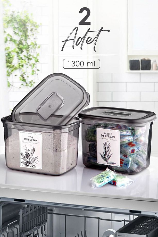 2 Adet Büyük Boy Dikdörtgen Deterjan Saklama Kutusu  - 1300 ml - Deterjan Seti - 1