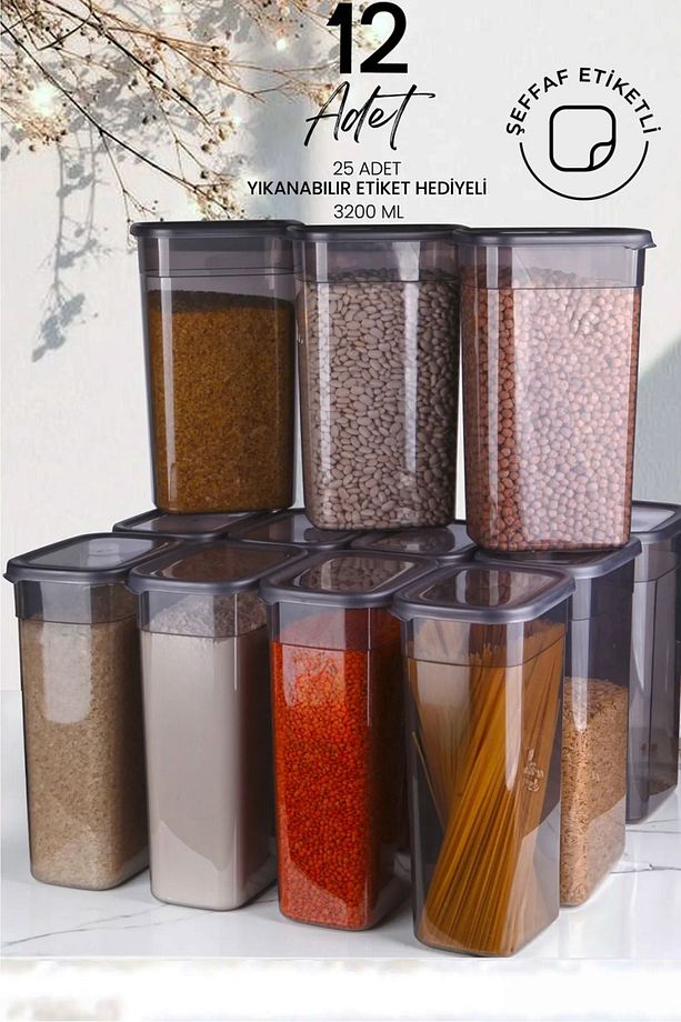 12 Adet Jumbo Boy Rectangle Dikdörtgen Saklama Kabı Seti 3200ml Erzak Kabı Etiketli Kavanoz Seti - 1