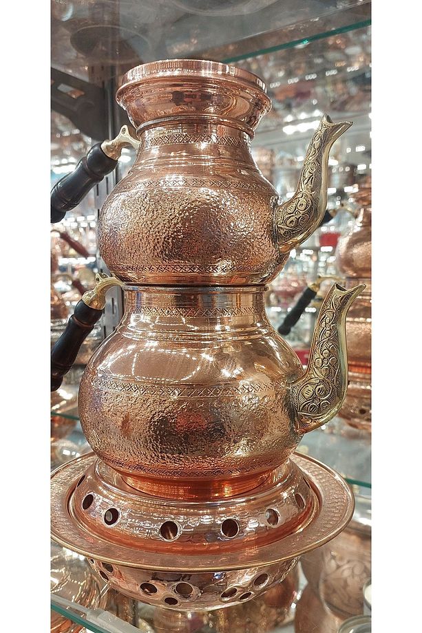 Bakır Çaydanlık & Bakır Demlik El Yapımı Taşlamalı Desenli Çaydanlık Osmanlı Ocaklı Büyük Aile Boy - 5