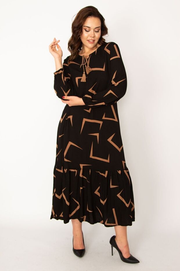 Women's Plus Size Tan Woven Viscose Fabric Tiered Hem Long Sleeve Dress 65n33526