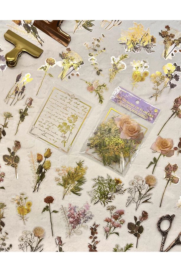 Nature Notes Series The Memory Of Flowers 40 Adet Altın Yaldızlı Şeffaf Pet Sticker /su Geçirmez - 2
