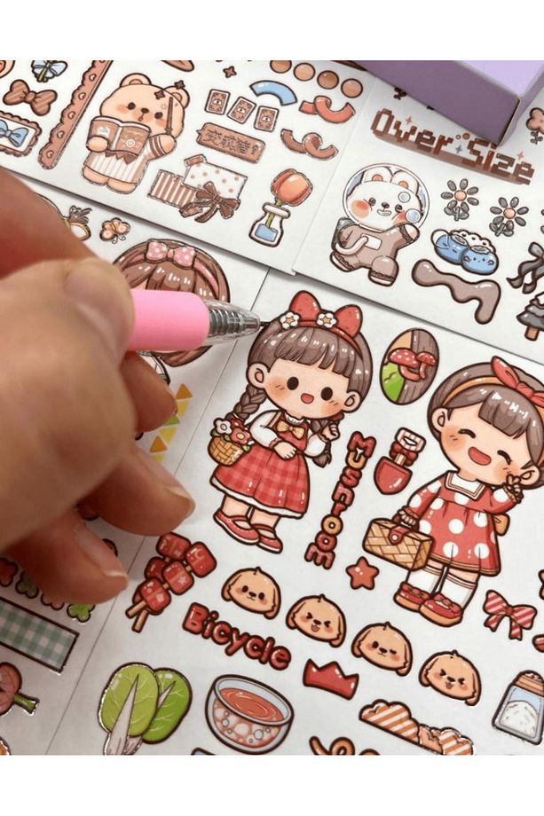 Sevimli Kız Ve Ayı Mor Kutu 12 Yaprak Sticker 4 Yaprak Desenli Kağıt / Çıkartma / Bullet Journal - 4