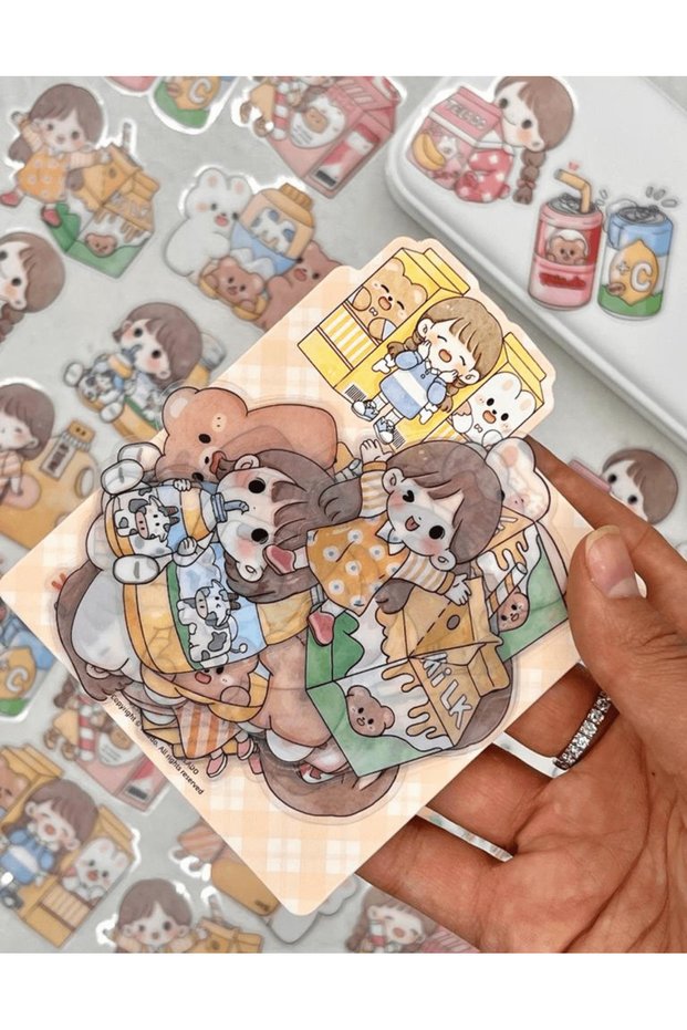 Cute Girl and Her Cute Friends Large Size 24 Pieces Transparent Orange Package Pet Sticker/Label/Decal