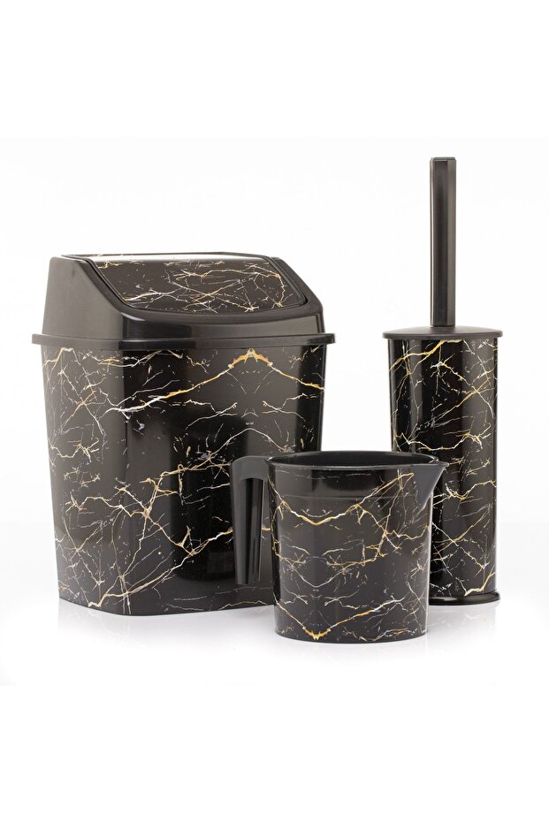 Bathroom Set Trash Can WC Toilet Brush Mug Set of 3 Black Marble Patterned Odorless Bathroom Set