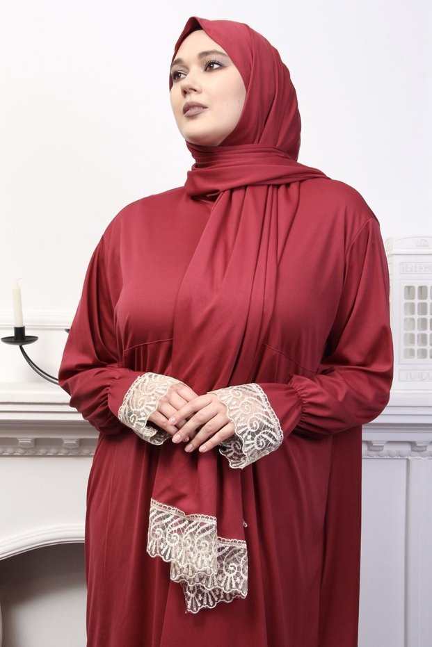 Red Stylish Women's Prayer Dress with Seasonal Headscarf, Anti-Sweat Prayer Clothing, Ferace