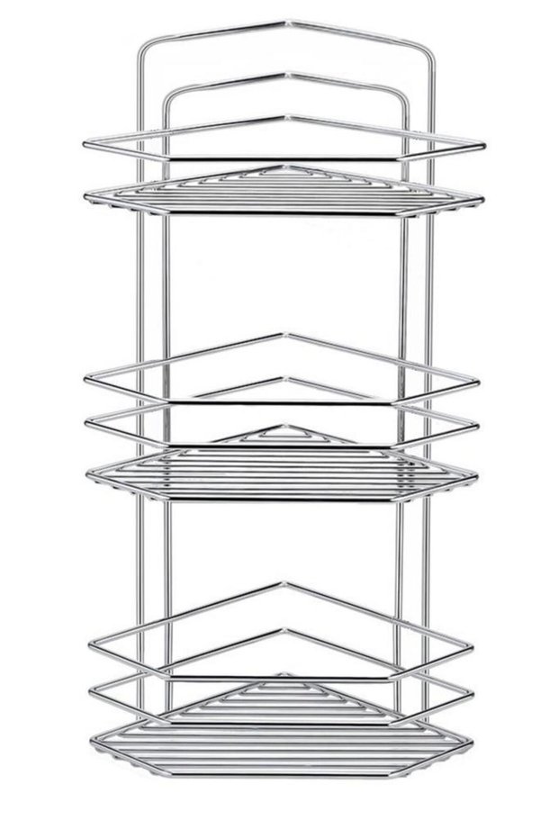 Metal 3-tier chrome pentagonal bathroom corner shelf shampoo organizer