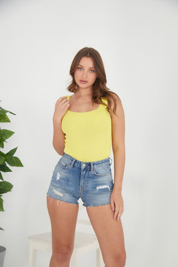 Kadın Crop Top - Sarı -vücuda Oturan Crop - 15 Farklı Renk Seçeneği - Esnek Örme Triko Kadın Atleti - 4