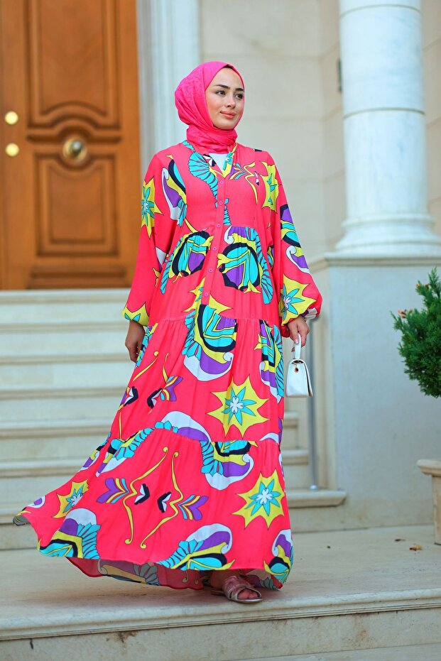 Fuchsia Foil Patterned Dress - 1