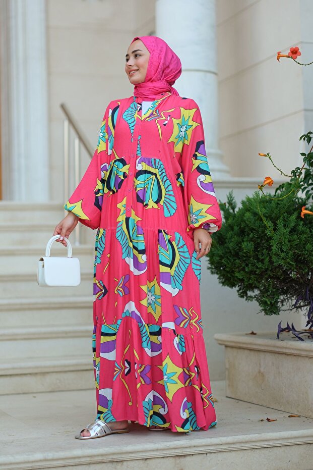 Fuchsia Foil Patterned Dress - 4