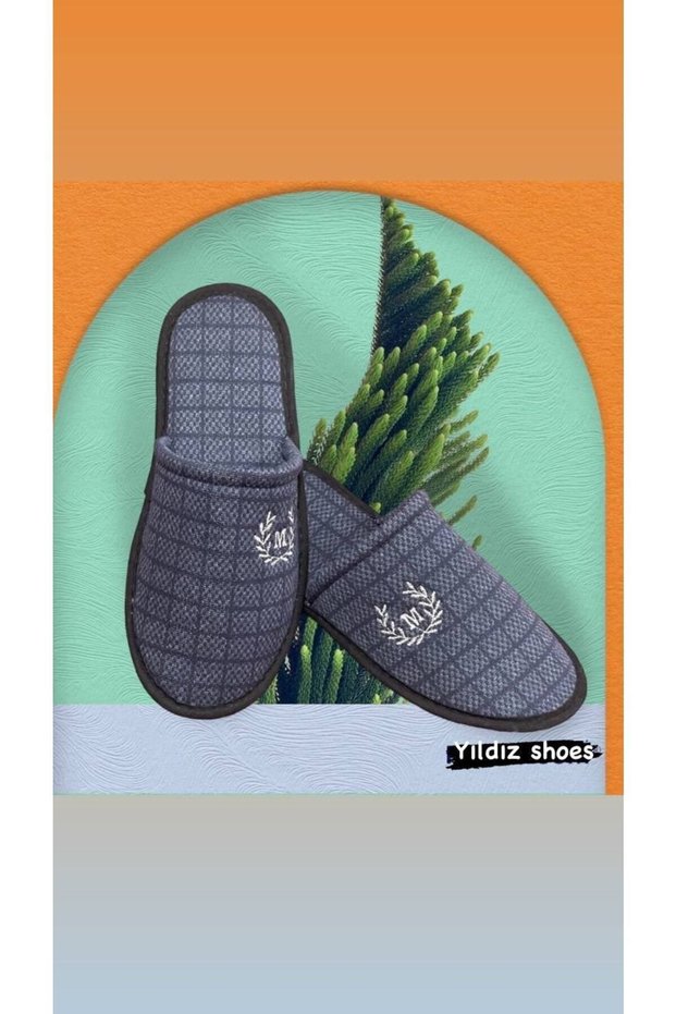 Motifed Men's House Slippers Embroidered Daily Closed Front Guest Slippers Winter Home Guest Slippers Navy Blue