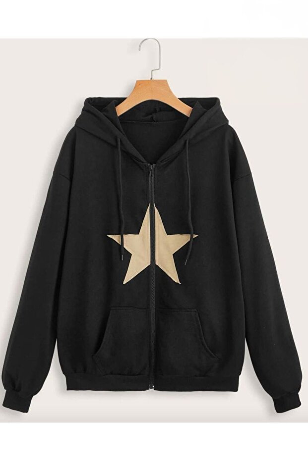 Star Pattern Thick Cardigan - Black Printed Winter Oversize Hooded Zippered Pocket Cardigan