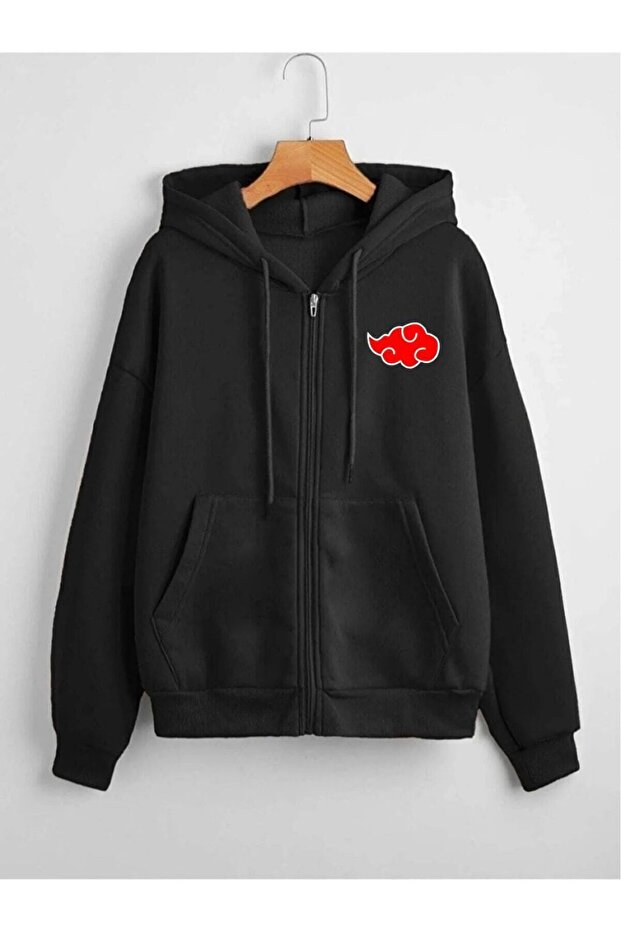 Naruto Akatsuki L Thick Cardigan - Black Printed Winter Oversize Hooded Zip Pocket Cardigan