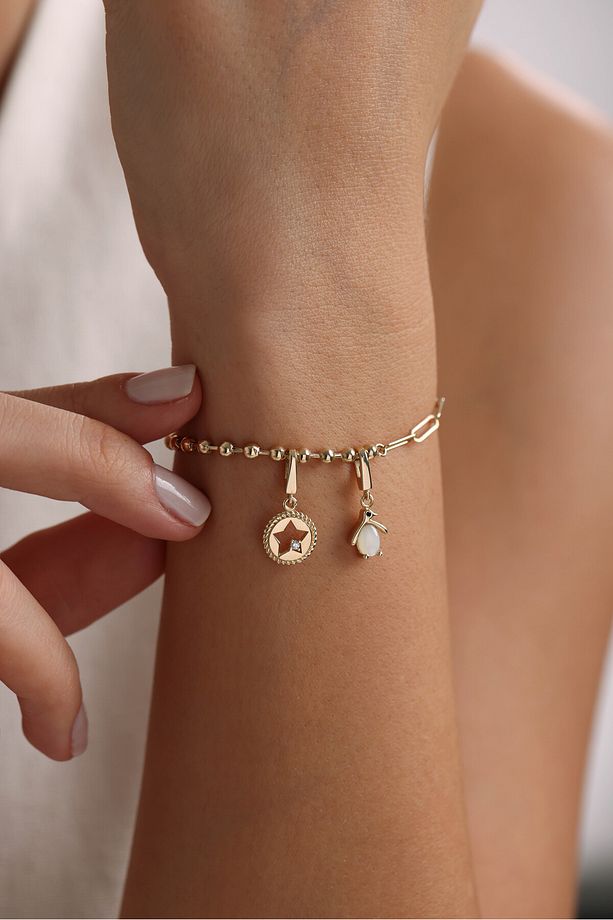 14 Ayar Altın Opal Taşlı Penguen & Taşlı Yıldız Charm Bileklik - 1
