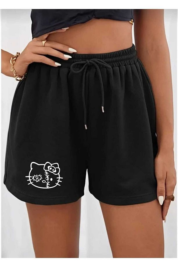 Hello Kitty Baskılı Siyah Kadın Regular fit Şort - 2
