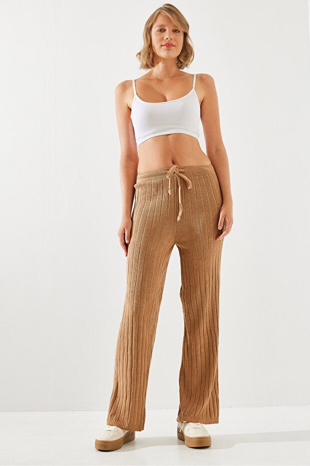 Women's Camel Elastic Waist Ribbed Palazzo Trousers 20223118