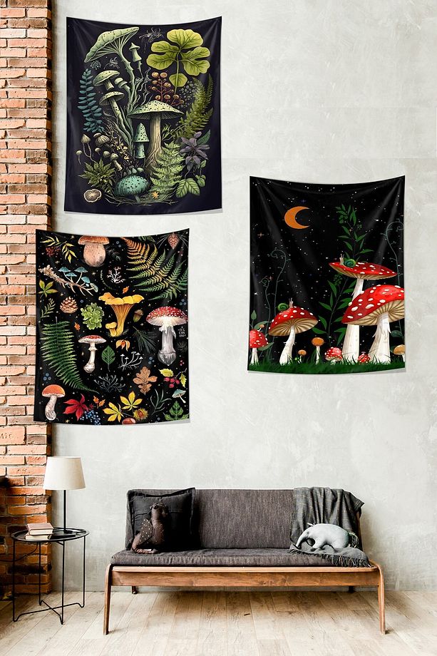 Kırmızı Mantar Yaprak ve Bitkiler Dünyası Leke Tutmaz  Duvar Örtüsü Duvar Halısı Tapestry 3'lü Set - 1