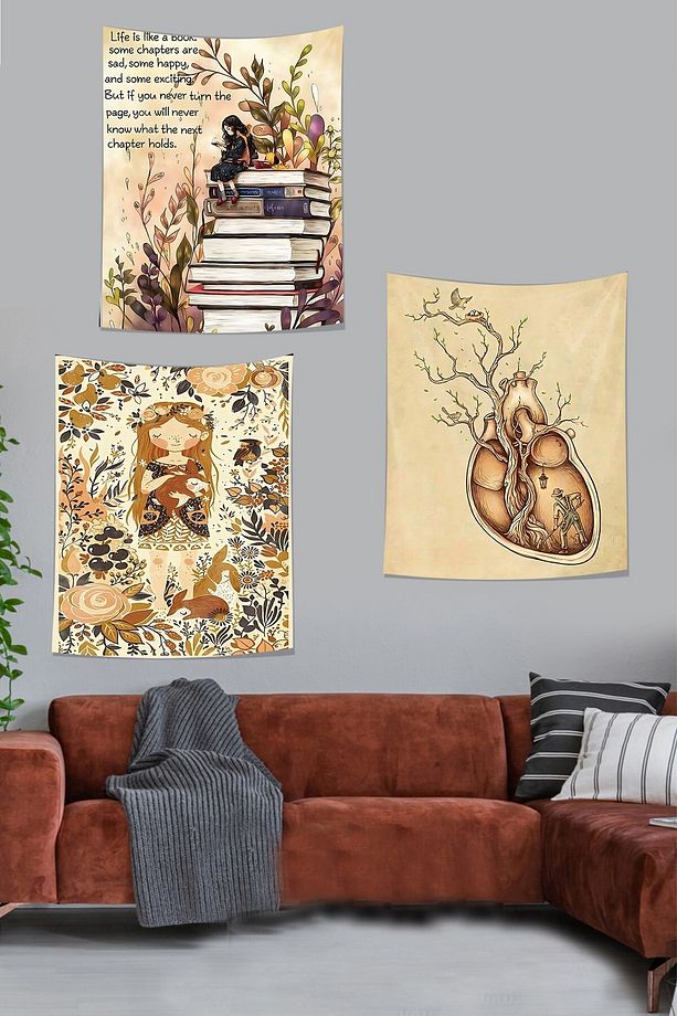 Bohem Kız Kalbi Besleyen Adam Kitaplar Leke Tutmaz  Duvar Örtüsü Duvar Halısı Tapestry 3'lü Set - 1