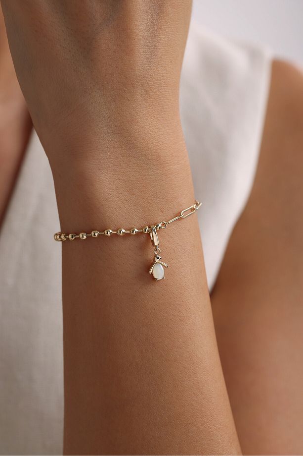 14 Ayar Altın Opal Taşlı Penguen Charm Bileklik - 1