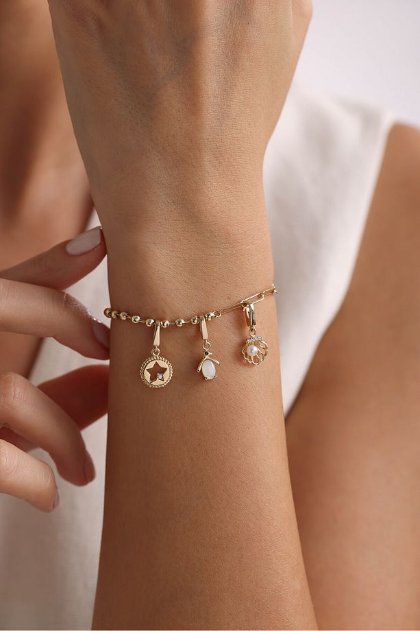14 Ayar Altın Opal Taşlı Penguen & Taşlı Yıldız & İnci Deniz Kabuğu Charm Bileklik - 1