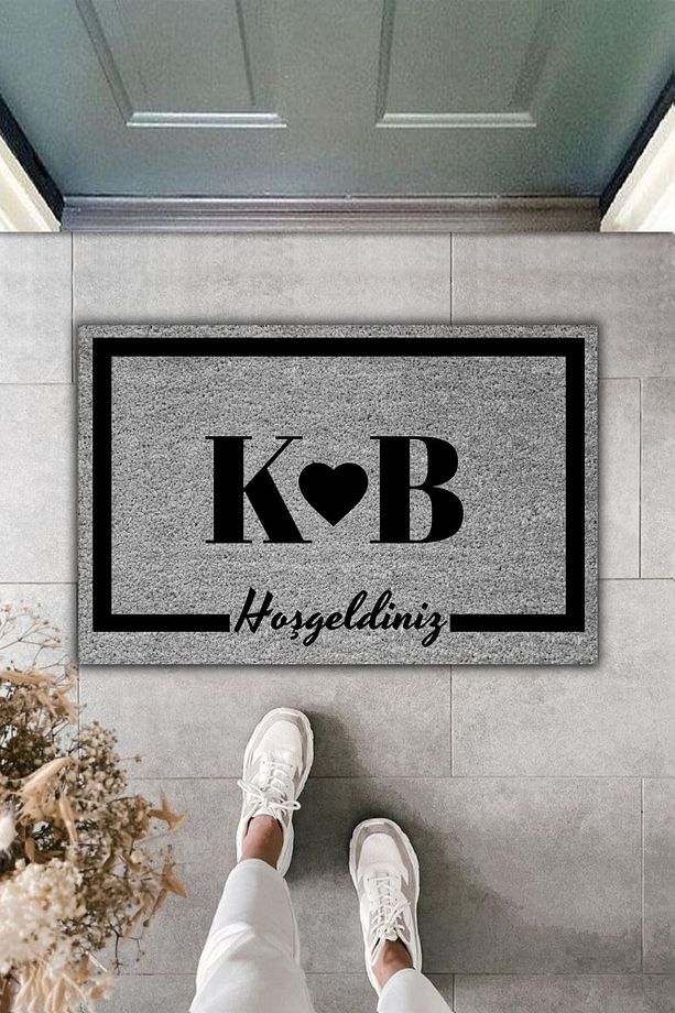 Modern Dijital Baskı Paspas - Gri Kişiye Özel Tasarım 70x45cm - Yeni Evlenecekler Kapı Önü Paspası - 1