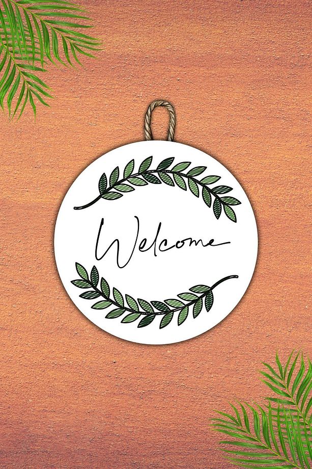 Modern Kapı Süsü - Dijital Ahşap Baskı - Yeşil Yapraklı Welcome - Tasarım Dış Mekan Kapı Süsü - 5