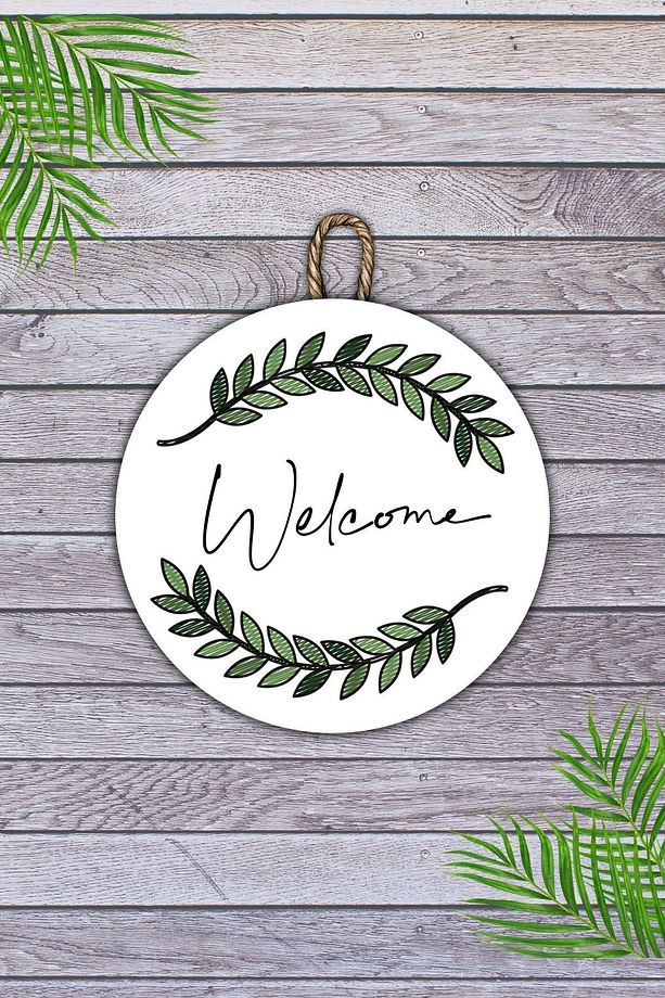 Modern Kapı Süsü - Dijital Ahşap Baskı - Yeşil Yapraklı Welcome - Tasarım Dış Mekan Kapı Süsü - 6