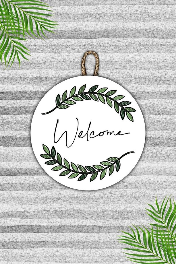 Modern Kapı Süsü - Dijital Ahşap Baskı - Yeşil Yapraklı Welcome - Tasarım Dış Mekan Kapı Süsü - 1