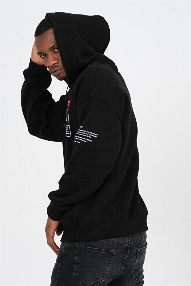 V Cool Baskılı Siyah Kapüşonlu Oversize Sweatshirt - 4