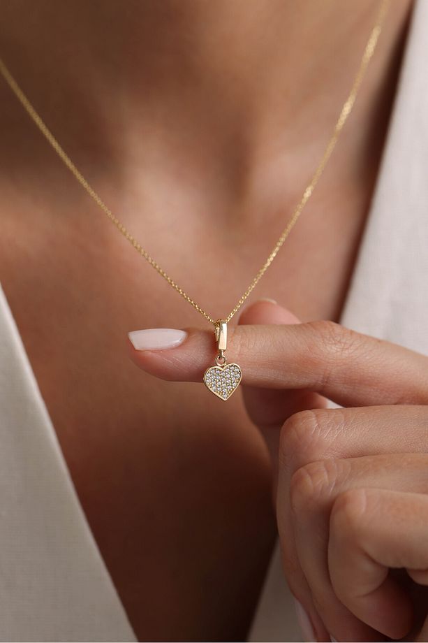 14 Ayar Altın Taşlı Minimal Kalp Kilitli Charm Kolye Ucu - 1