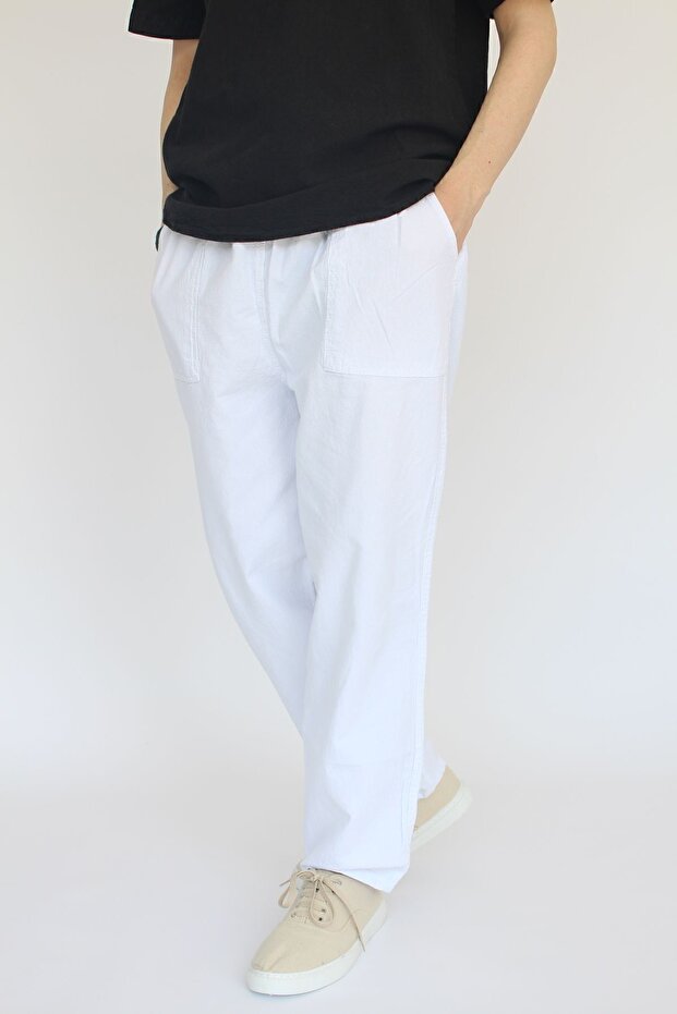 Unisex Summer Comfortable White Linen Trousers with Elastic Waist Cotton Cool Drawstring Linen Trousers