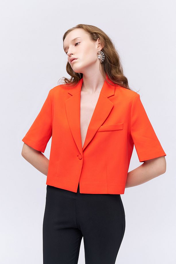 Kısa Kol Crop Blazer Ceket Turuncu - 4