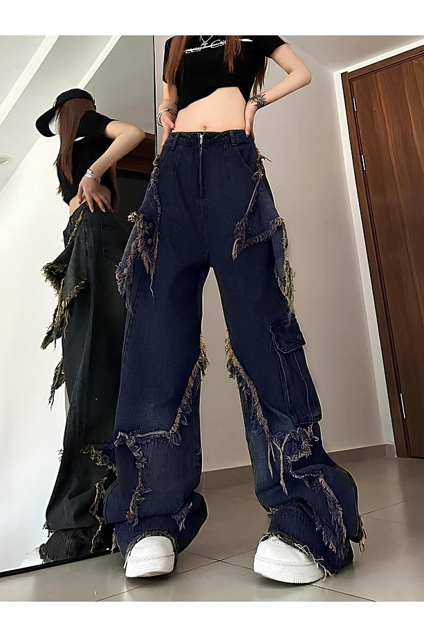 Tech Aesthetic Y2k Stars Patch Detay Yıkamalı Pantolon - 5