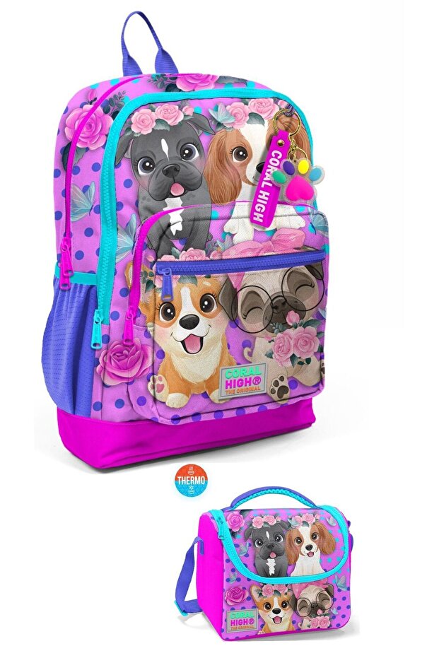 Pink Dog Patterned 2-Piece School Bag Set - Bag and Nutrition
