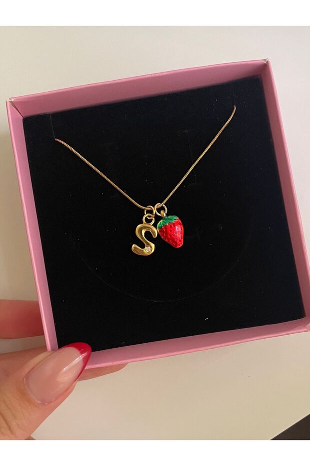 Çilekli Harfli Çelik Kolye - 3